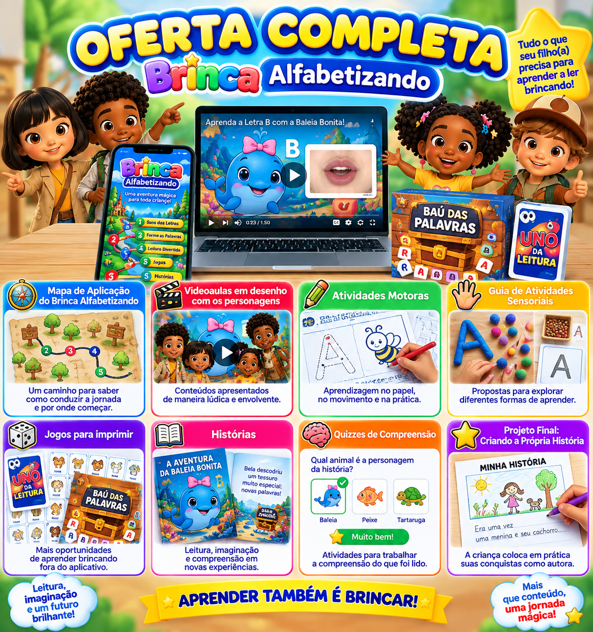 Experiência Completa Brinca Alfabetizando com aplicativo, aulas, jogos e atividades